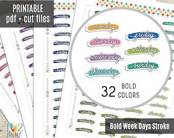 Week Days Planner Stickers, Bold Colors Brush Stroke Days of the Week hand-drawn Printable Stickers, Printable Planner Sticker - CUT FILES