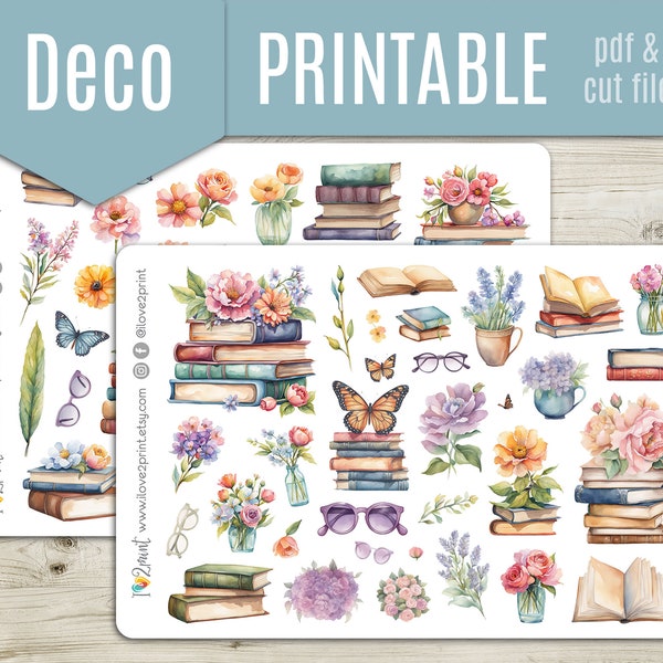Spring Reading Watercolor Deco Planner Stickers, Decorative Printable Stickers, Deco Sticker, Bullet Journal, Hobonichi - CUT FILES