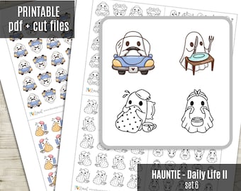 Hauntie the Ghost Daily Life SET 6 Planner Stickers, Printable Stickers, Cute Character, groceries, shower, tv time, cooking - Cut Files