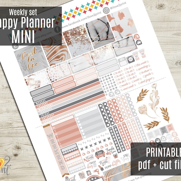 Abstrait Rosegold Weekly Printable Planner Stickers, Mini Happy Planner Stickers, Weekly Printable Stickers, Mambi Stickers - Cut files