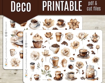 Caffeinated Watercolor Deco Planner Stickers, Decorative Printable Stickers, Deco Sticker, Bullet Journal, Hobonichi - CUT FILES