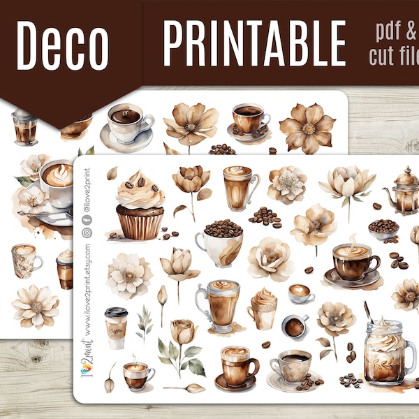 Caffeinated Watercolor Deco Planner Stickers, Decorative Printable Stickers, Deco Sticker, Bullet Journal, Hobonichi - CUT FILES