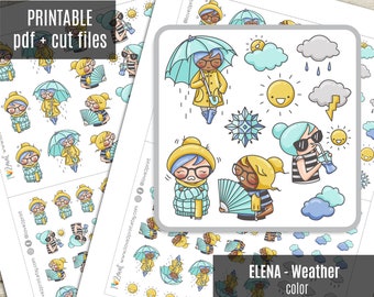 Elena Planner Girl Weather Printable Planner Stickers, Erin Condren Printable Sticker, Decorative Stickers, Cute Character - CUT FILES