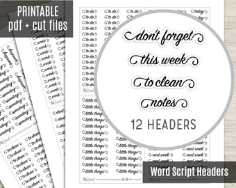 Word Script Headers Planner Stickers, Black Words Printable Stickers, Printable Planner Sticker, Bullet Journal - CUT FILES