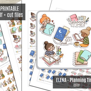 Elena Planner Girl  - Planning Time COLOR Printable Planner Stickers, Character, Functional, Bullet Journal, Coloring Stickers - CUT FILES