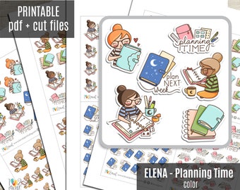 Elena Planner Girl  - Planning Time COLOR Printable Planner Stickers, Character, Functional, Bullet Journal, Coloring Stickers - CUT FILES