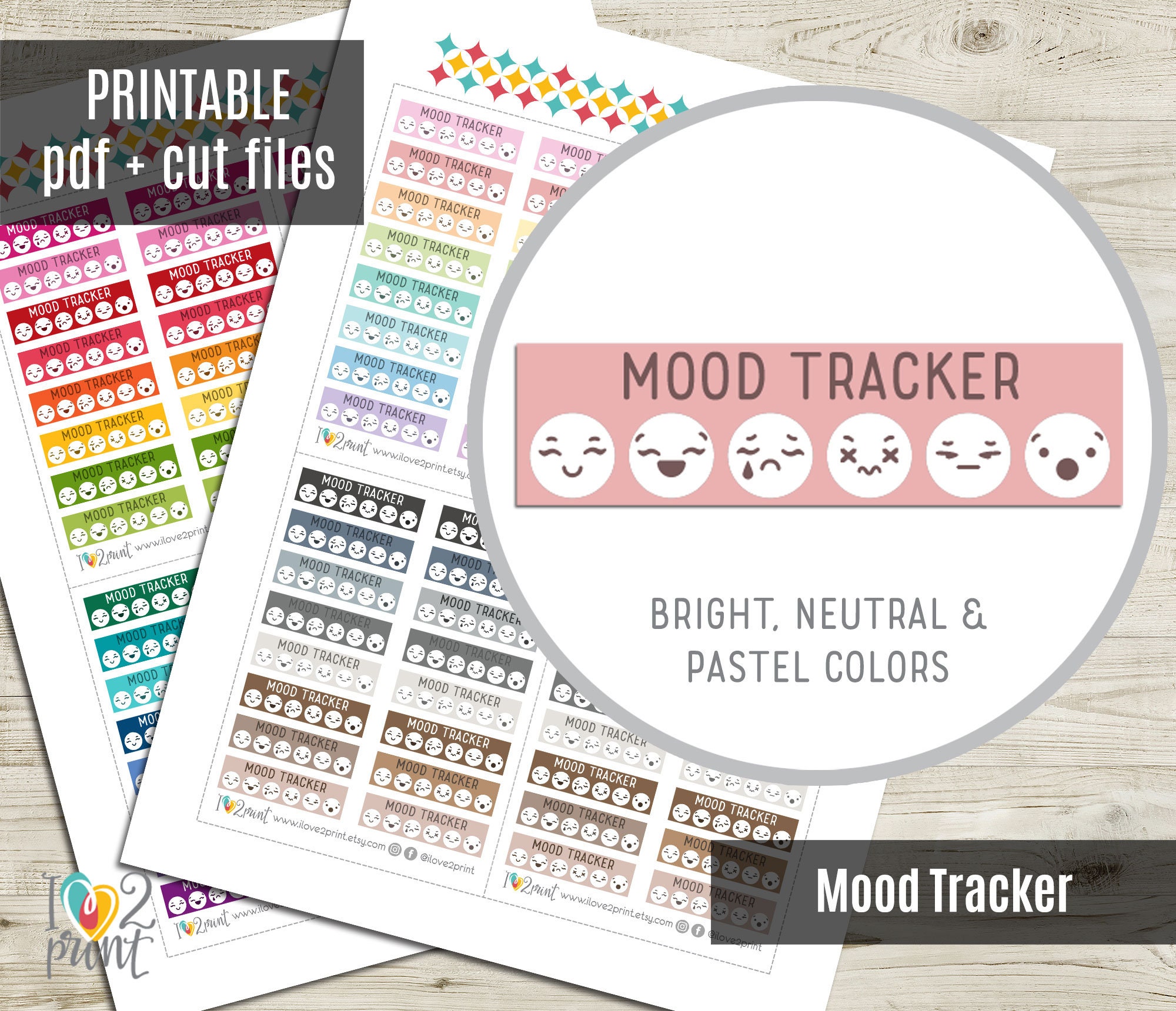 Mood Tracker Planner Stickers, Pastel, Bright and Neutral Colors Hand-drawn  Printable Stickers, Printable Planner Sticker CUT FILES 
