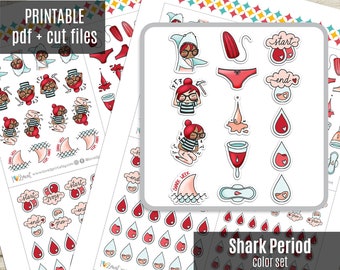 Planner Girl Shark Period COLOR Printable Planner Stickers, Period Tracker, Character, Bullet Journal, Printable Stickers - CUT FILES