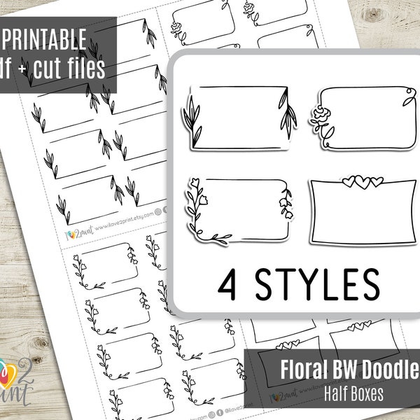 Floral BW Doodle Half Box Planner Stickers, Flowers Half Boxes Printable Stickers, Icons Stickers, Printable Planner Sticker - CUT FILES