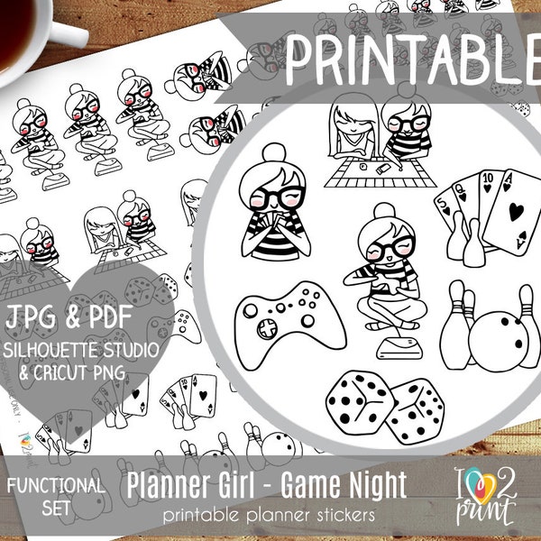 Planner Girl Game Night Printable Planner Stickers, Character Printable Sticker, Functional, Bullet Journal, Coloring Stickers - CUT FILES