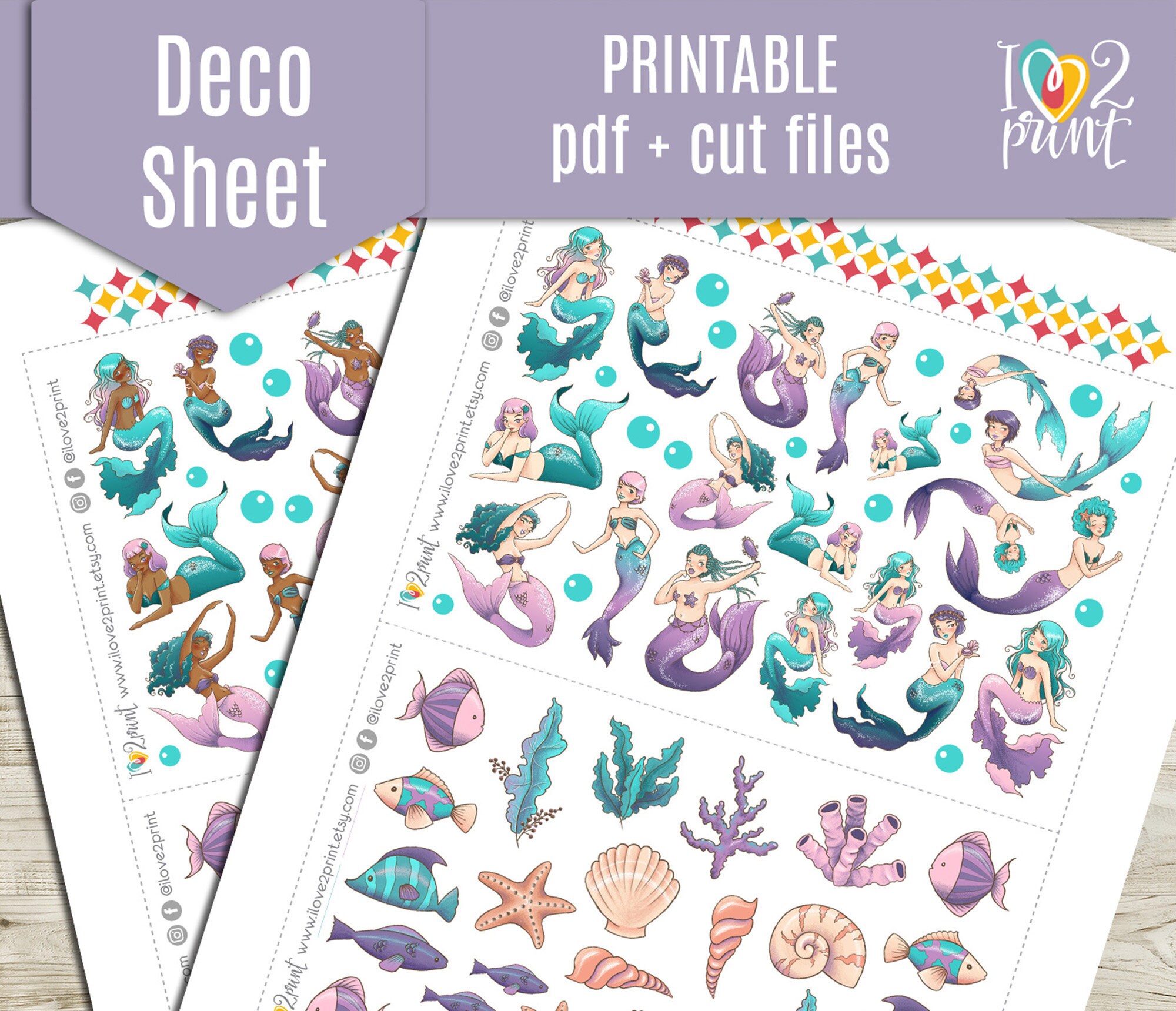 mermaid-dreams-deco-planner-stickers-mermaid-decorative-printable-stickers-deco-sheet-decorative-bullet-journal-cut-files-etsy