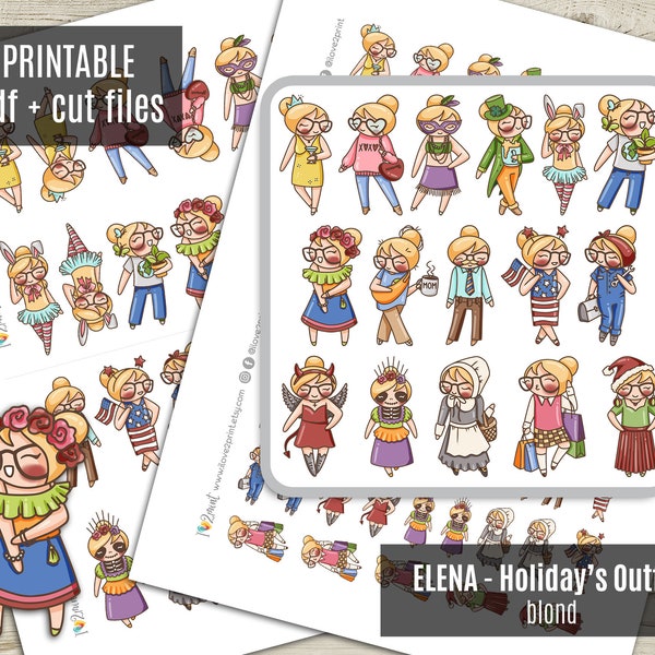 Elena Planner Girl Holiday's Outfits BLOND - Fashion Clothes Planner Stickers, Printable Stickers, Character Stickers, Bujo - CUT FILES