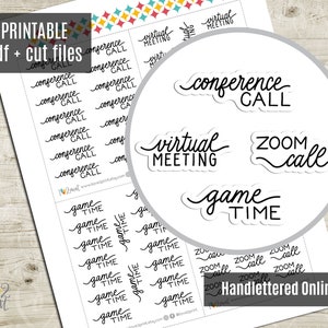 Handlettered Zoom Call Planner Stickers, Game Time Script Words Printable Stickers, Printable Planner Sticker - CUT FILES