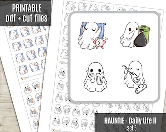 Hauntie the Ghost Daily Life SET 5 Planner Stickers, Printable Stickers, Cute Character, groceries, shower, tv time, cooking - Cut Files