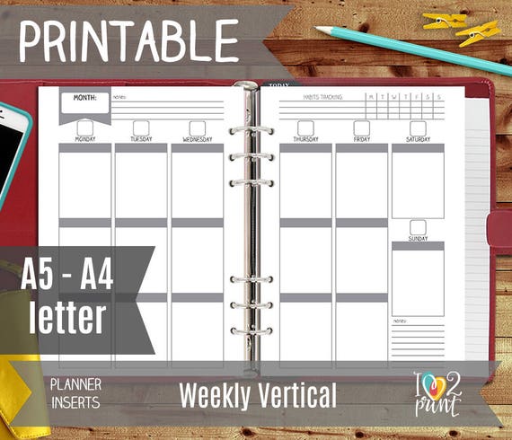 vertical weekly boxes printable planner insert a5 weekly etsy