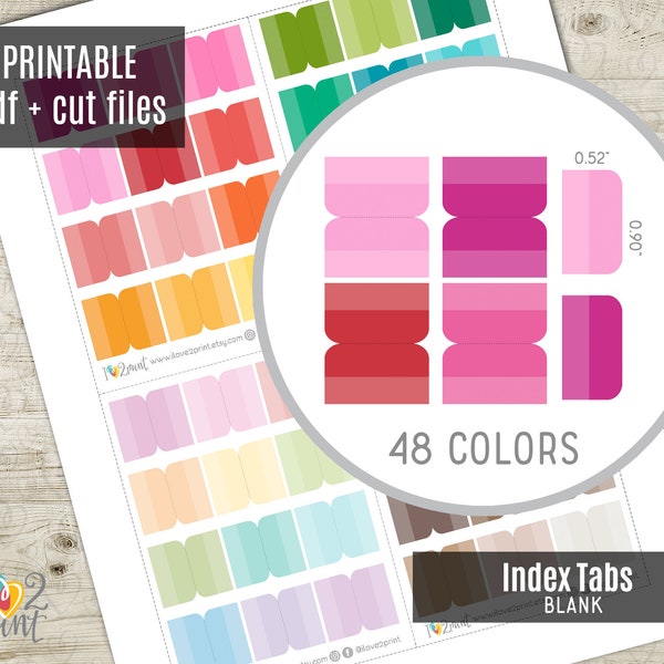 Blank Index Tabs Planner Stickers, 48 colors Printable Stickers, Printable Planner Sticker, Bullet Journal - CUT FILES