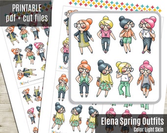 Elena Planner Girl Spring Outfits light skin - Fashion Planner Stickers, Printable Stickers, Character Sticker, Bujo, Printable - CUT FILES