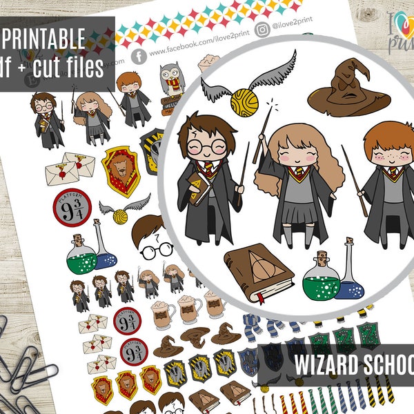 Wizard School Printable Planner Stickers, H Potter Inspired Character, Bullet Journal, Decorative Stickers - CUT FILES