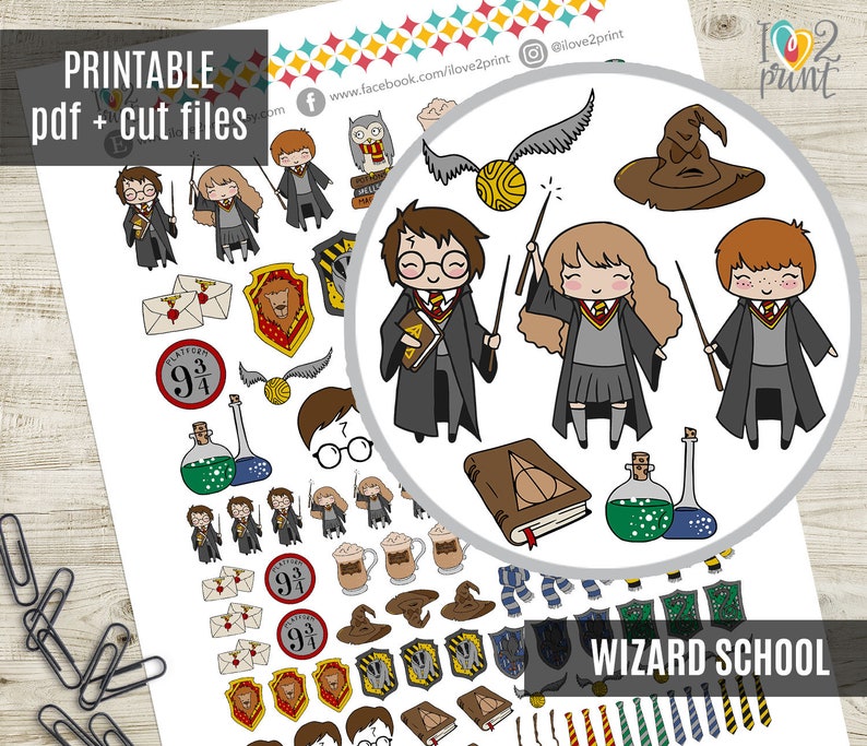 Wizard School Printable Planner Stickers, H Potter Inspired Character, Bullet Journal, Decorative Stickers - CUT FILES 