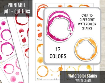 Watercolor Stains Deco Planner Stickers, WARM colors Decorative Printable Stickers, Deco Sticker, Bullet Journal, Hobonichi - CUT FILES