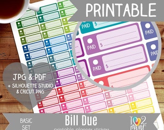 Bill Due imprimable Planner Stickers, Erin Condren Planner Stickers, Checkbox Planner Stickers, Bill Due Printable Stickers - CUT FILES