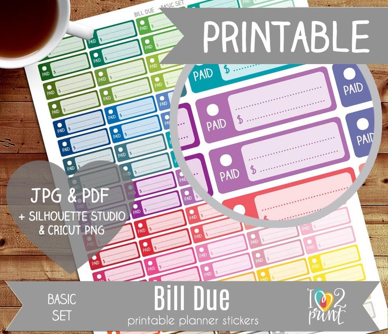 Bill Due Printable Planner Stickers, Erin Condren Planner Stickers, Checkbox Planner Stickers, Bill Due Printable Stickers CUT FILES image 1