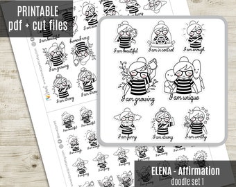 Elena Planner Girl -  Affirmation Set 1 Printable Planner Stickers, Self Love Printable Sticker, Character Stickers, Coloring - CUT FILES