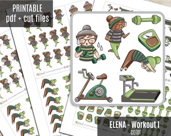 Elena Planner Girl Workout I COLOR Printable Planner Stickers, Coloring Printable Sticker, Functional Character Stickers - Cut Files