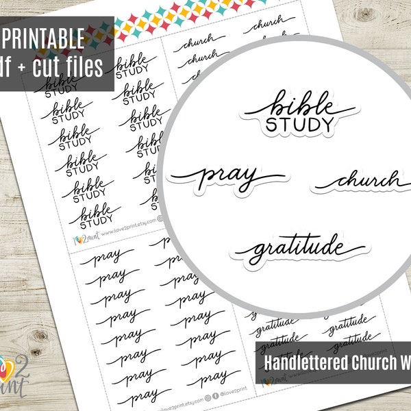 Handlettered Church Planner Stickers, Bible Reading Script Words Printable Stickers, Appt Stickers, Printable Planner Sticker - CUT FILES
