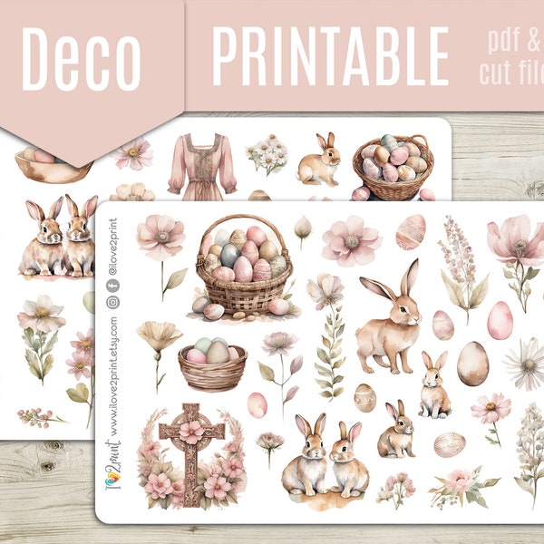 Easter Time Watercolor Deco Planner Stickers, Decorative Printable Stickers, Deco Sticker, Bullet Journal, Hobonichi - CUT FILES