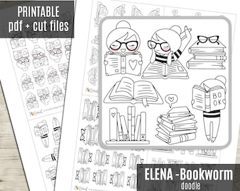 Elena Planner Mädchen Bücherwurm DOODLE druckbare Planner Aufkleber, druckbare Aufkleber lesen, funktionale Buch Aufkleber Charakter, Färbung