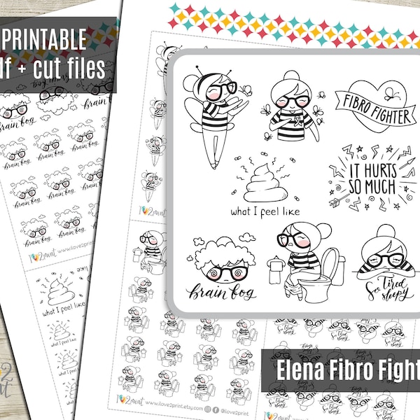 Elena Planner Girl Fibro Fighter - Fibromyalgia Planner Stickers, Printable Stickers, Character Stickers, Bujo, Coloring - CUT FILES