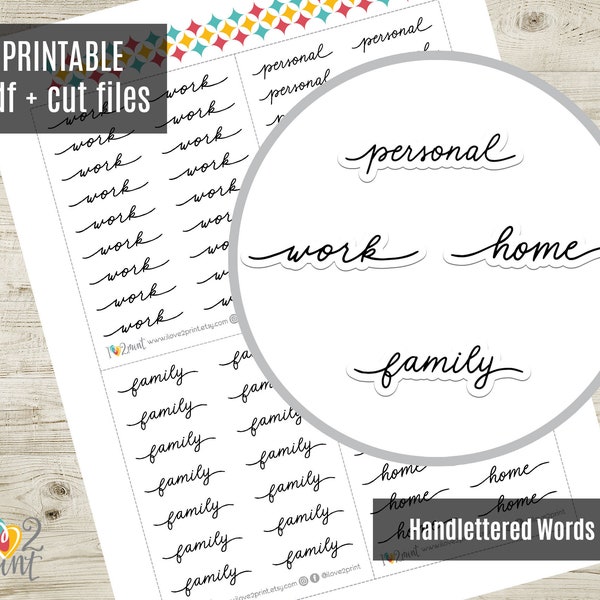 Handlettered Words III Planner Stickers, Script Words Imprimable Stickers, Appt Stickers, Printable Planner Sticker - CUT FILES