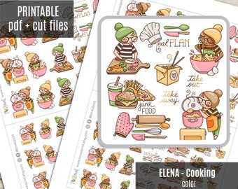 Elena Planner Girl COOKING Printable Planner Stickers, Erin Condren Printable Sticker, Functional Stickers Character, Baking - CUT FILES