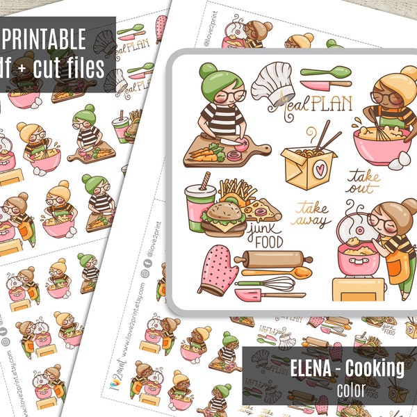 Elena Planner Girl COOKING Printable Planner Stickers, Erin Condren Printable Sticker, Functional Stickers Character, Baking - CUT FILES