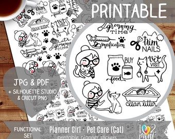 Planner Girl Pet Care (Cat) Printable Planner Stickers, Erin Condren Printable Sticker, Functional Stickers Character, CUT FILES