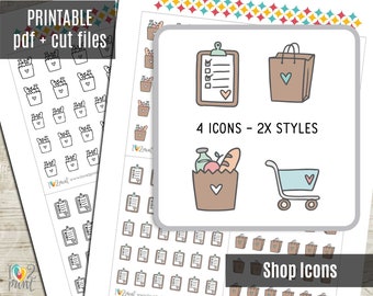 Shopping Doodle Icons Planner Stickers, Grocery Hand-Drawn Printable Sticker, Journal, Planner Icons, Hobonichi - CUT FILES