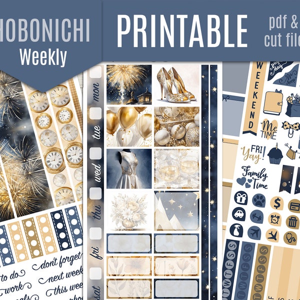 New Year Hobonichi Weeks Printable Planner Stickers - Hobo Planner Stickers, Weekly Printable Stickers, Journal  - Cut file