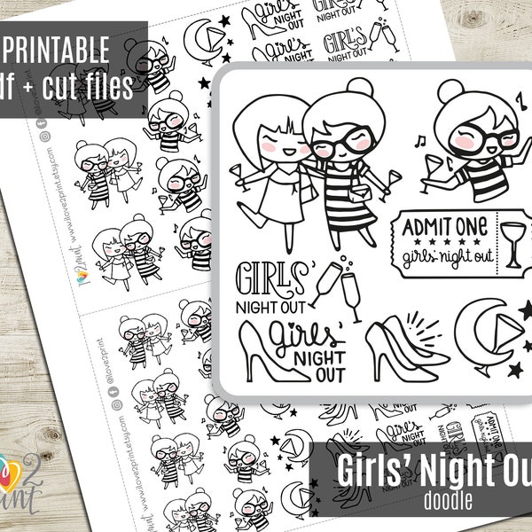 Planner Girl Girls' Night Out DOODLE Planner Stickers, Printable Stickers, Character Sticker, Bullet Journal, Printable - CUT FILES