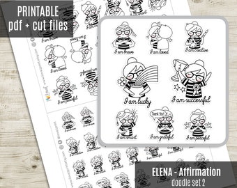 Elena Planner Girl -  Affirmation Set 2 Printable Planner Stickers, Self Love Printable Sticker, Character Stickers, Coloring - CUT FILES