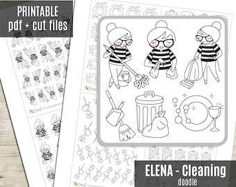 Elena Planner Mädchen Reinigung DOODLE druckbare Aufkleber, druckbare Aufkleber, funktionale Aufkleber, Charakter, Färbung