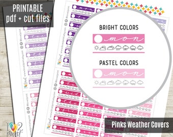 Pink Date Cover Planner Stickers, Weather Tracker Printable Stickers, Date Cover Stickers,  Planner Stickers, ECLP Date Cover - CUT FILES