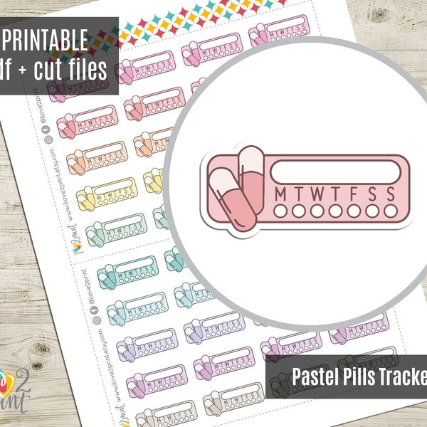 Pills Tracker Pastel Colors Planner Stickers, Medicine Reminder hand-drawn Printable Stickers, Printable Planner Sticker - CUT FILES