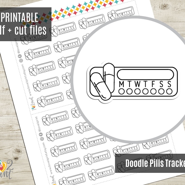 Pills Tracker Planner Stickers, Medicine Reminder hand-drawn Printable Stickers, Printable Planner Sticker - CUT FILES