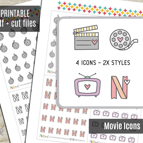 Movies Doodle Icons Planner Stickers, Netflix Hand-Drawn Printable Sticker, Printable Planner Sticker, Planner Icons, Hobonichi - CUT FILES