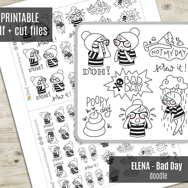 Elena Planner Girl Bad Day Printable Planner Stickers, Erin Condren Printable Sticker, Functional Stickers Character, plant care - CUT FILES