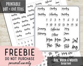 FREE Script Days, Weeks and Months Planner Stickers, Printable Stickers, Functional Stickers, Journal, Bujo, Hobonichi - CUT FILES