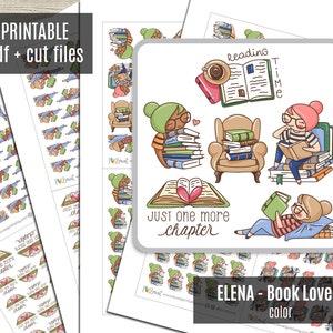 Elena Planner Girl - Book Lover COLOR Printable Planner Stickers, Character, Functional, Bullet Journal, Printable Stickers - CUT FILES