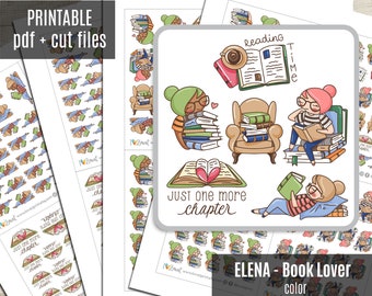 Elena Planner Girl - Book Lover COLOR Printable Planner Stickers, Character, Functional, Bullet Journal, Printable Stickers - CUT FILES