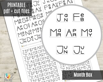 Months Boxes Planner Stickers, Box Month Script Words Printable Stickers, Printable Planner Sticker - CUT FILES